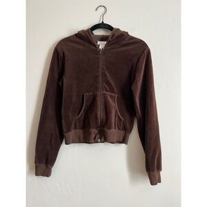 Charlotte Russe y2k Chocolate Brown Velour Velvet Zip Up Hoodie Women's‎ Size L